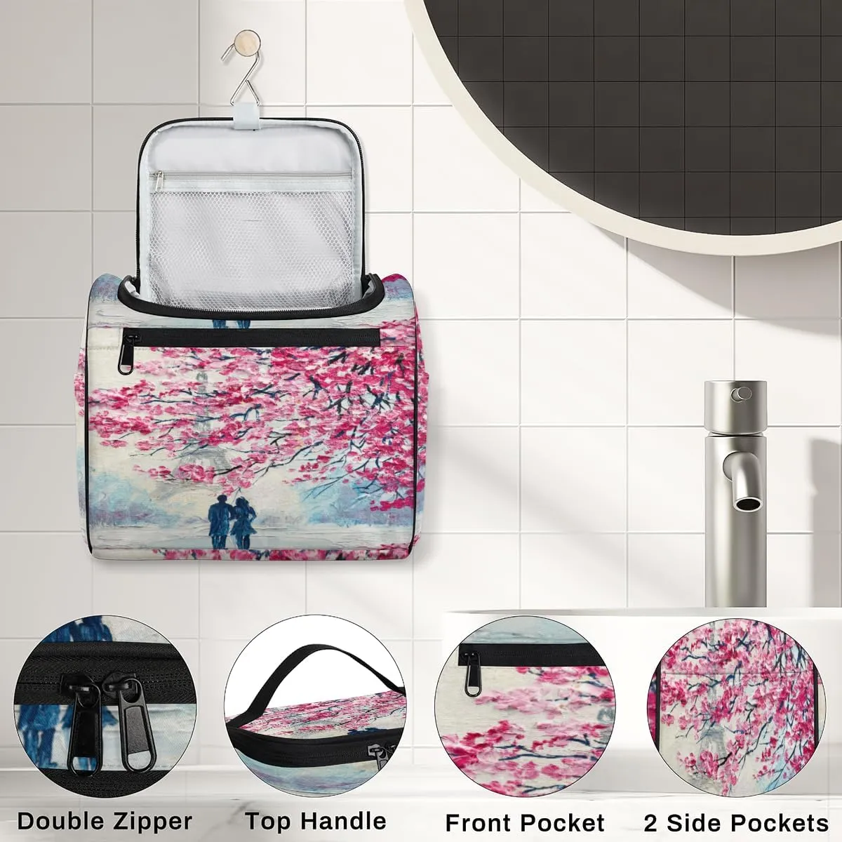 Paris Eiffel Tower Modern Art Travel Makeup Bag for Women Men Portable Waterproof Cosmetic Bag Large Capacity Toiletry Bag Make up Case Organizer Bathroom Shower Bag with Handle Travel Accessories