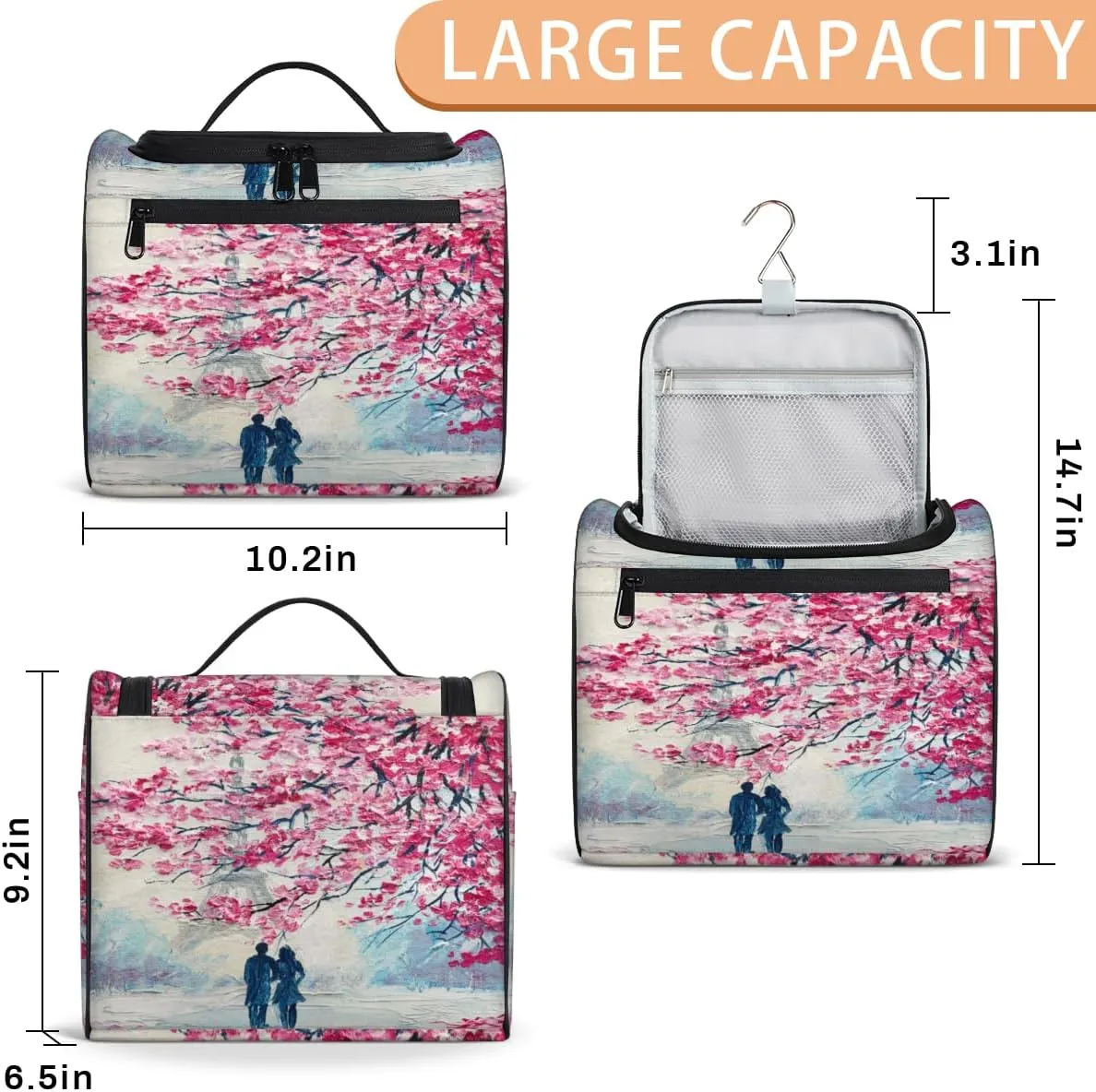 Paris Eiffel Tower Modern Art Travel Makeup Bag for Women Men Portable Waterproof Cosmetic Bag Large Capacity Toiletry Bag Make up Case Organizer Bathroom Shower Bag with Handle Travel Accessories