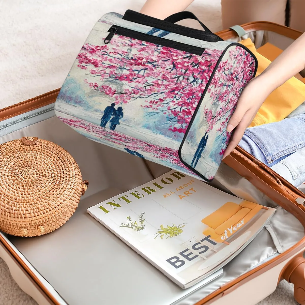 Paris Eiffel Tower Modern Art Travel Makeup Bag for Women Men Portable Waterproof Cosmetic Bag Large Capacity Toiletry Bag Make up Case Organizer Bathroom Shower Bag with Handle Travel Accessories
