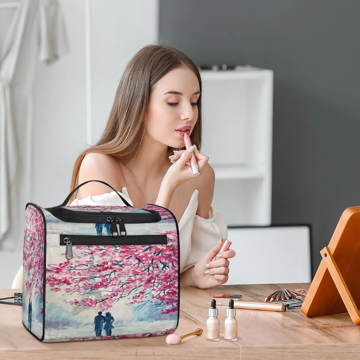 Paris Eiffel Tower Modern Art Travel Makeup Bag for Women Men Portable Waterproof Cosmetic Bag Large Capacity Toiletry Bag Make up Case Organizer Bathroom Shower Bag with Handle Travel Accessories