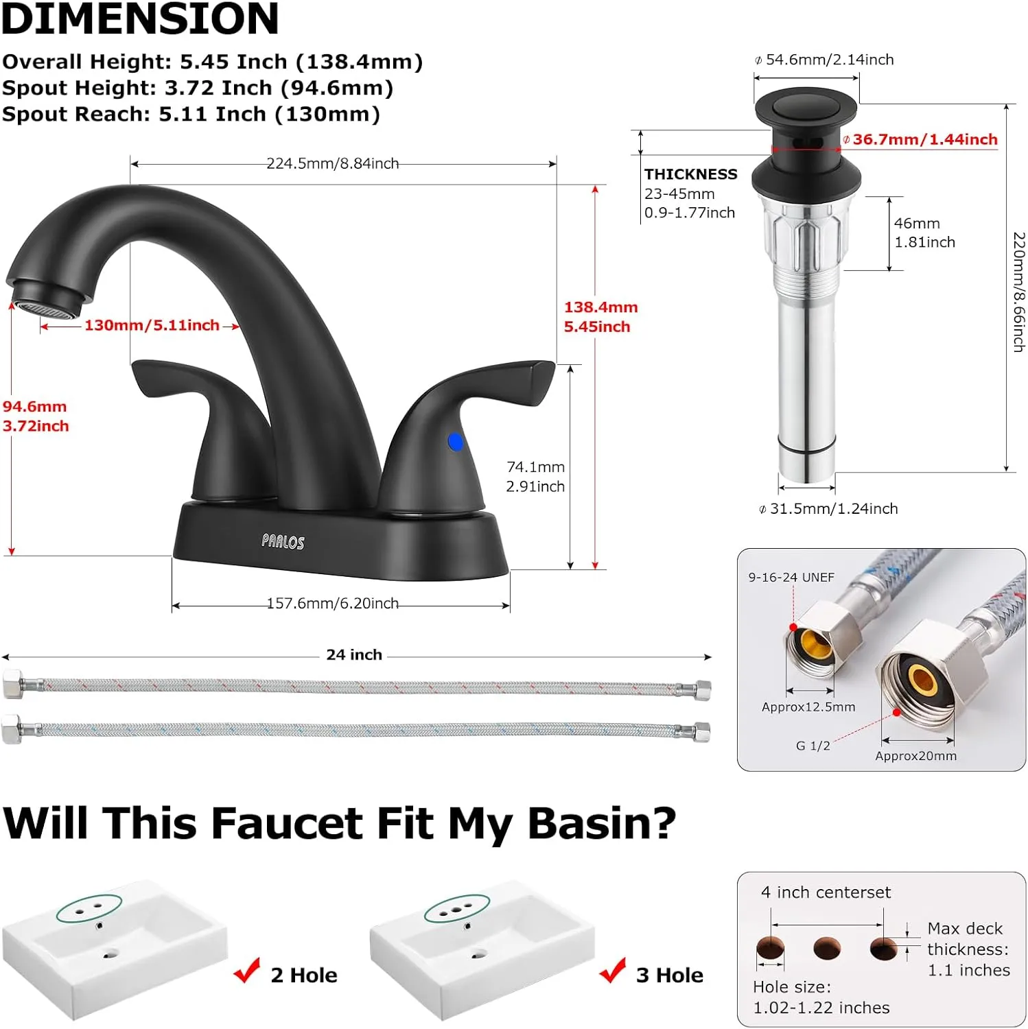 PARLOS 2-Handle Bathroom Sink Faucet with Drain Assembly and Supply Hoses Matte Black, 1.2 GPM