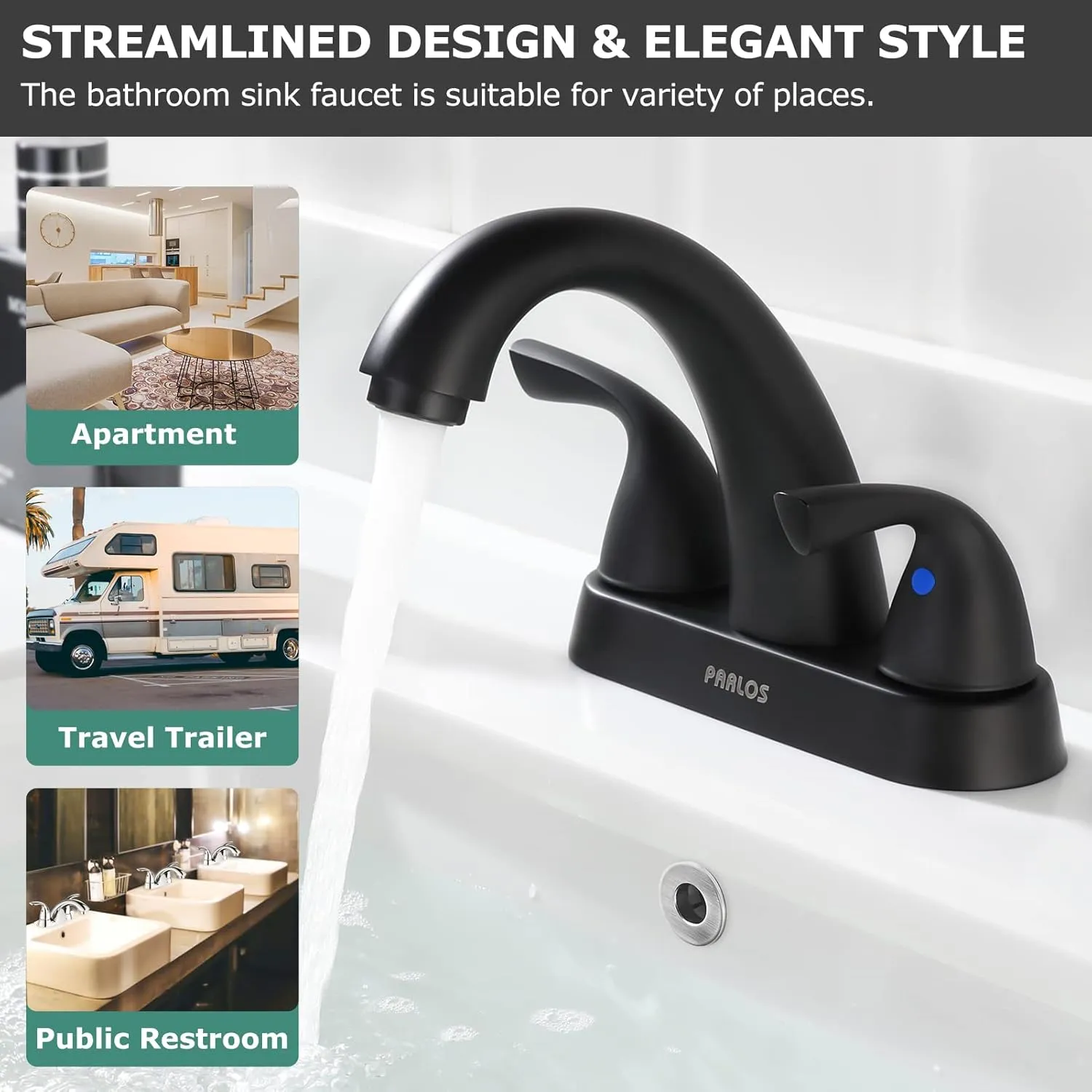 PARLOS 2-Handle Bathroom Sink Faucet with Drain Assembly and Supply Hoses Matte Black, 1.2 GPM