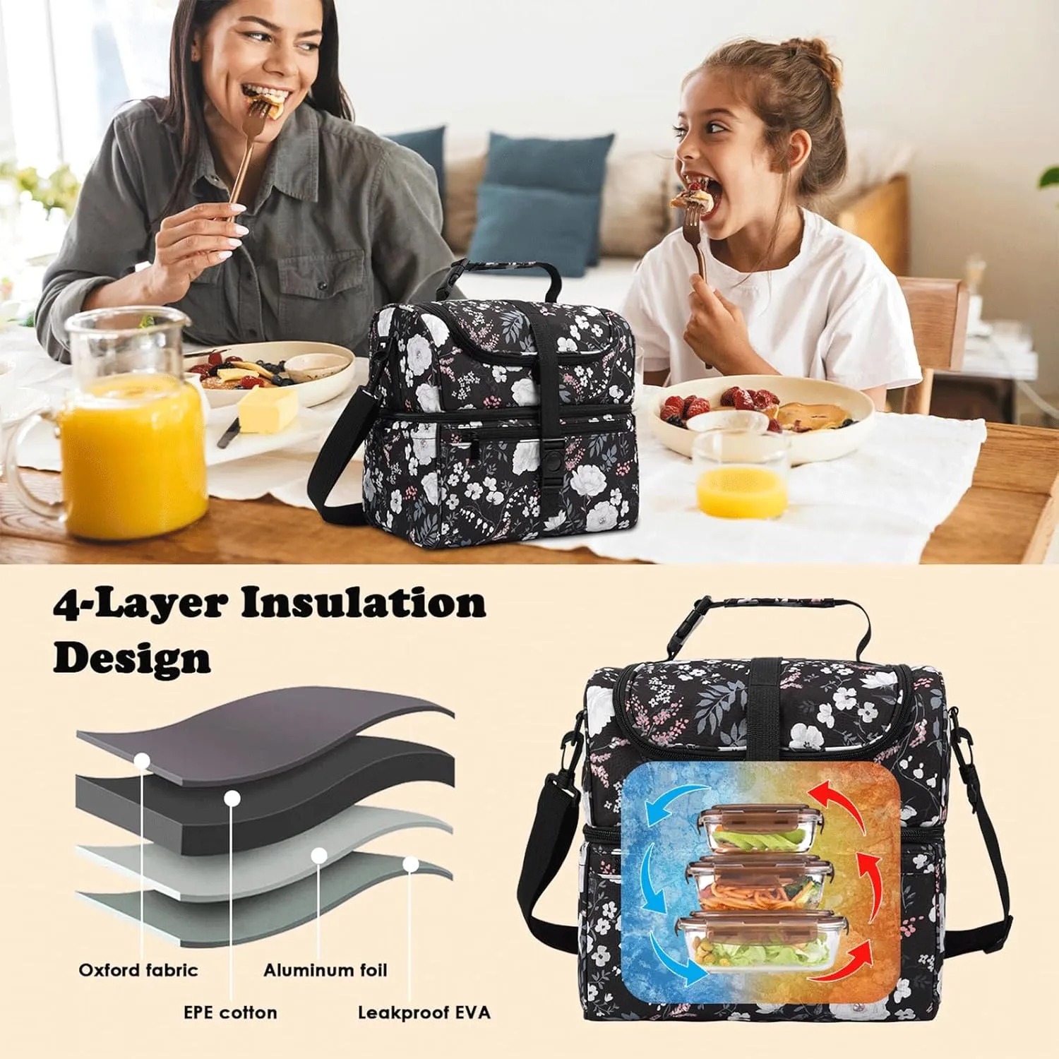 PBRO Double Deck Insulated Lunch Bag for Women,Large Reusable Lunch Box with Adjustable Shoulder Belt,Side Pockets,Cute Peony Flowers Leakproof Lunch Tote Cooler Bag for Adult Picnic,Working -White
