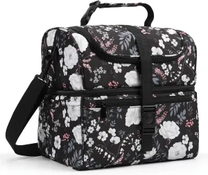 PBRO Double Deck Insulated Lunch Bag for Women,Large Reusable Lunch Box with Adjustable Shoulder Belt,Side Pockets,Cute Peony Flowers Leakproof Lunch Tote Cooler Bag for Adult Picnic,Working -White