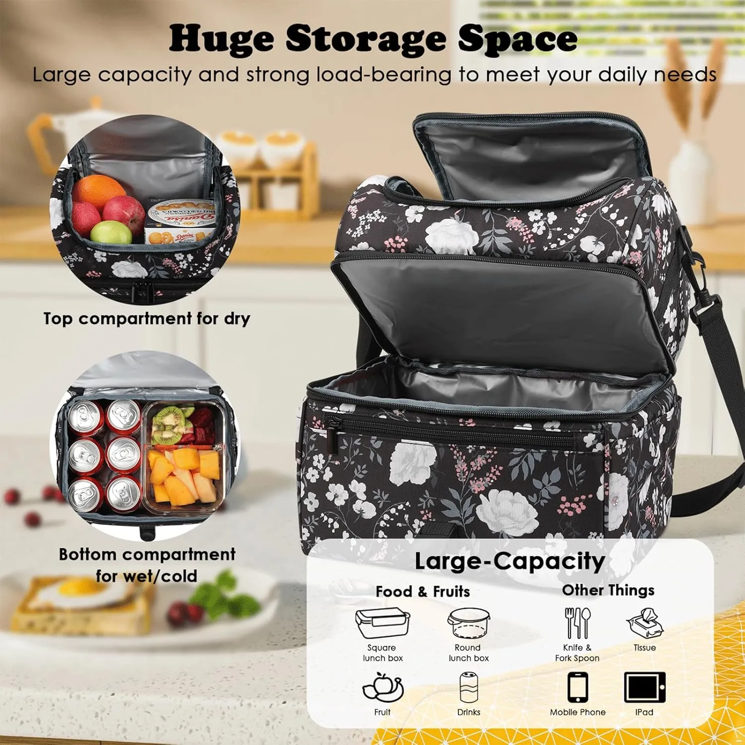 PBRO Double Deck Insulated Lunch Bag for Women,Large Reusable Lunch Box with Adjustable Shoulder Belt,Side Pockets,Cute Peony Flowers Leakproof Lunch Tote Cooler Bag for Adult Picnic,Working -White