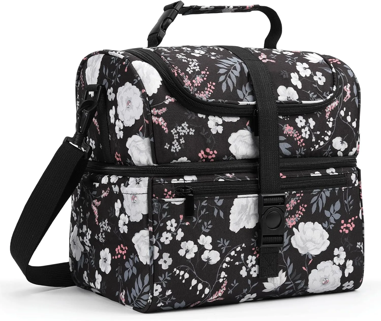 PBRO Double Deck Insulated Lunch Bag for Women,Large Reusable Lunch Box with Adjustable Shoulder Belt,Side Pockets,Cute Peony Flowers Leakproof Lunch Tote Cooler Bag for Adult Picnic,Working -White