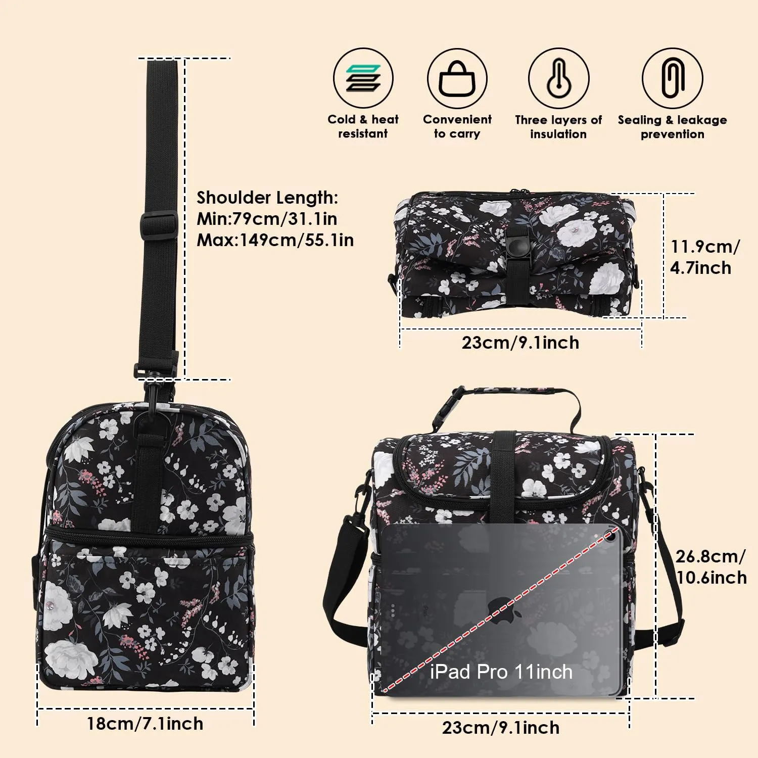 PBRO Double Deck Insulated Lunch Bag for Women,Large Reusable Lunch Box with Adjustable Shoulder Belt,Side Pockets,Cute Peony Flowers Leakproof Lunch Tote Cooler Bag for Adult Picnic,Working -White