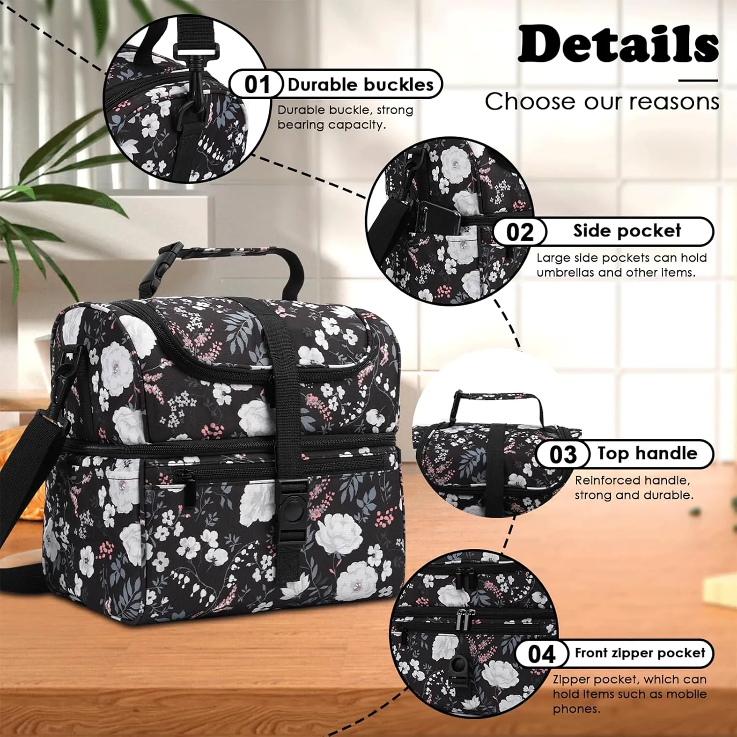 PBRO Double Deck Insulated Lunch Bag for Women,Large Reusable Lunch Box with Adjustable Shoulder Belt,Side Pockets,Cute Peony Flowers Leakproof Lunch Tote Cooler Bag for Adult Picnic,Working -White