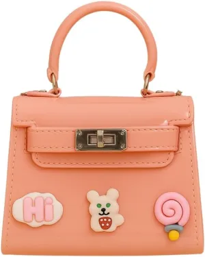 Peachy Pink Mini Kids Purse – Glossy Trapezoid Handbag with Fun Bear & Candy Charms