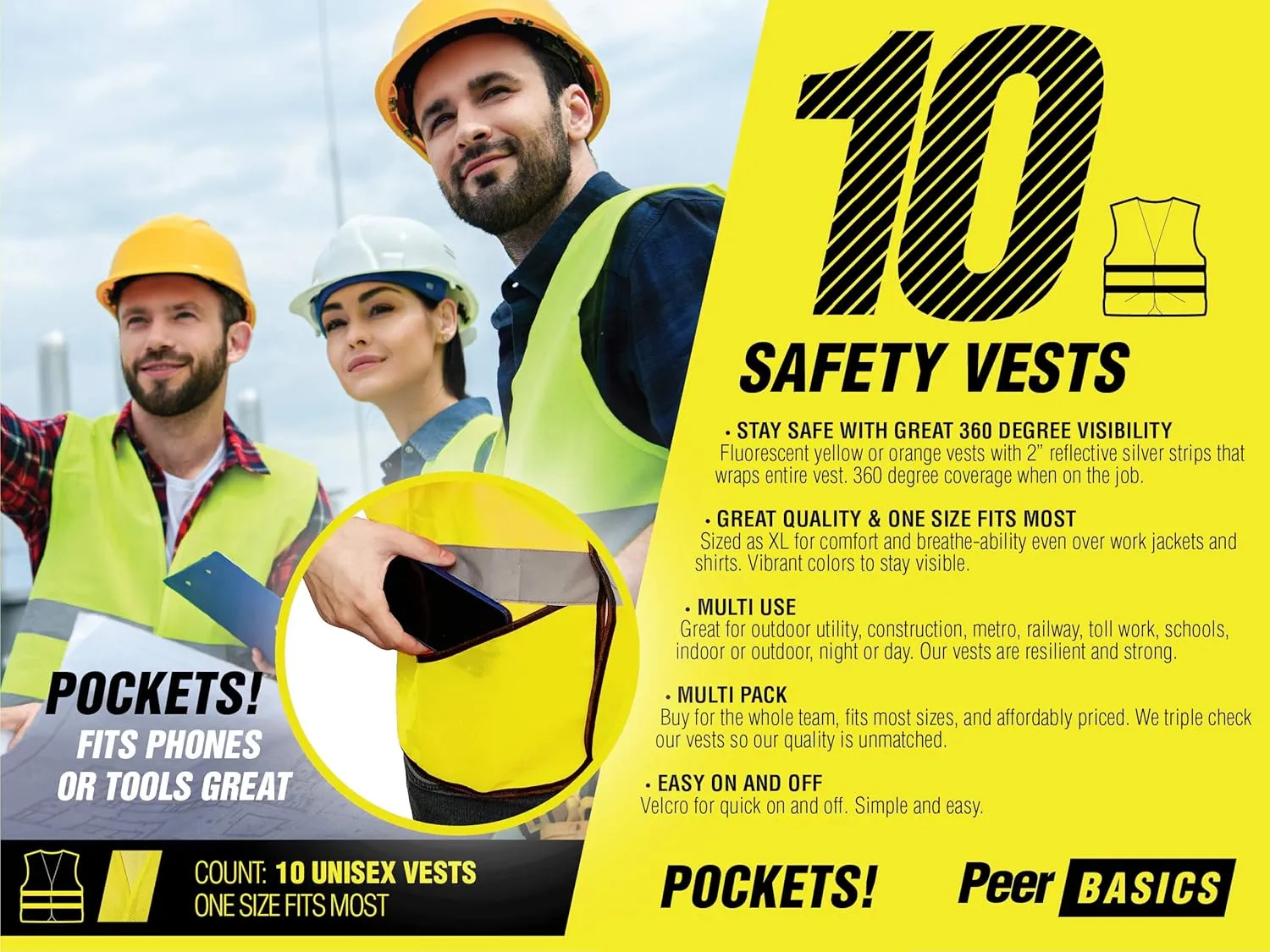PeerBasics Pocket Safety Vest Bulk Pack Reflective High Visibility Men Women