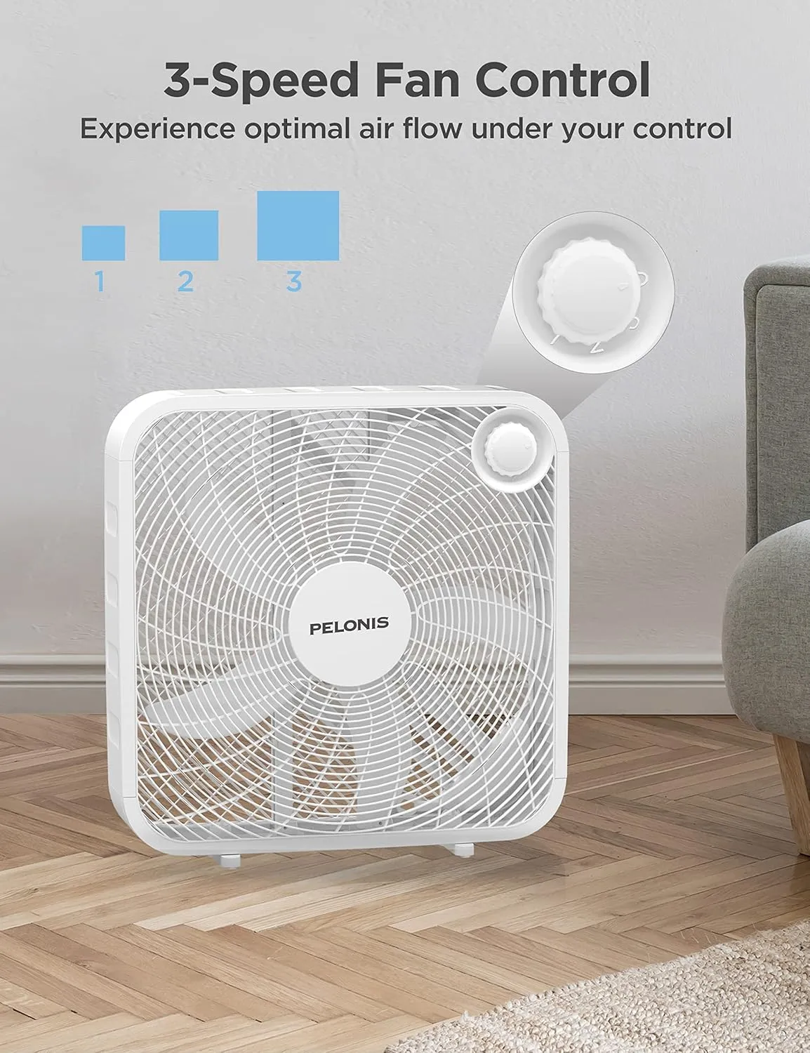 Pelonis Box Fan 20 Inch – Adjustable 3 Speeds For the Perfect Noise Level for Sleeping – 5 Blade Technology Provides Powerful Airflow to Beat the Heat – Sleek Design, Lightweight, Durable, White