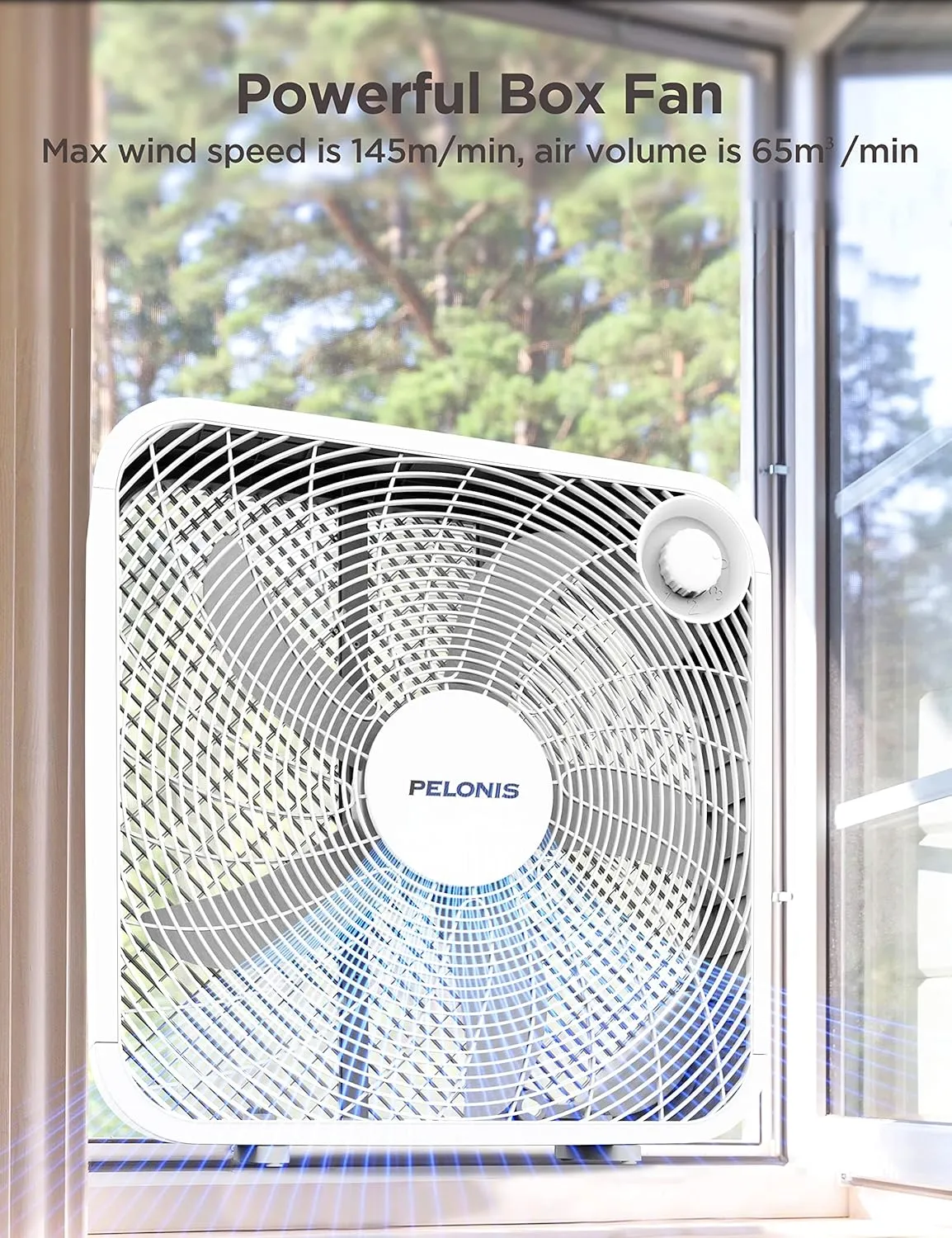 Pelonis Box Fan 20 Inch – Adjustable 3 Speeds For the Perfect Noise Level for Sleeping – 5 Blade Technology Provides Powerful Airflow to Beat the Heat – Sleek Design, Lightweight, Durable, White
