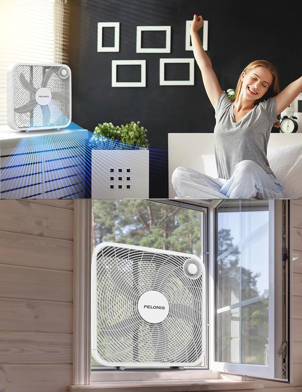 Pelonis Box Fan 20 Inch – Adjustable 3 Speeds For the Perfect Noise Level for Sleeping – 5 Blade Technology Provides Powerful Airflow to Beat the Heat – Sleek Design, Lightweight, Durable, White