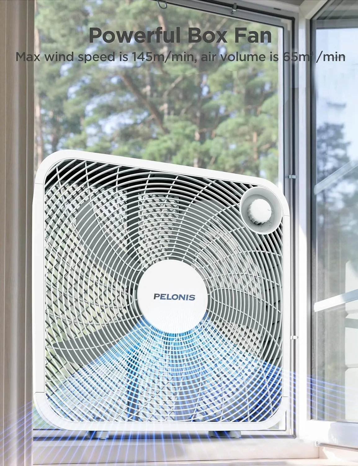 Pelonis Box Fan 20 Inch – Adjustable 3 Speeds For the Perfect Noise Level for Sleeping – 5 Blade Technology Provides Powerful Airflow to Beat the Heat – Sleek Design, Lightweight, Durable, White