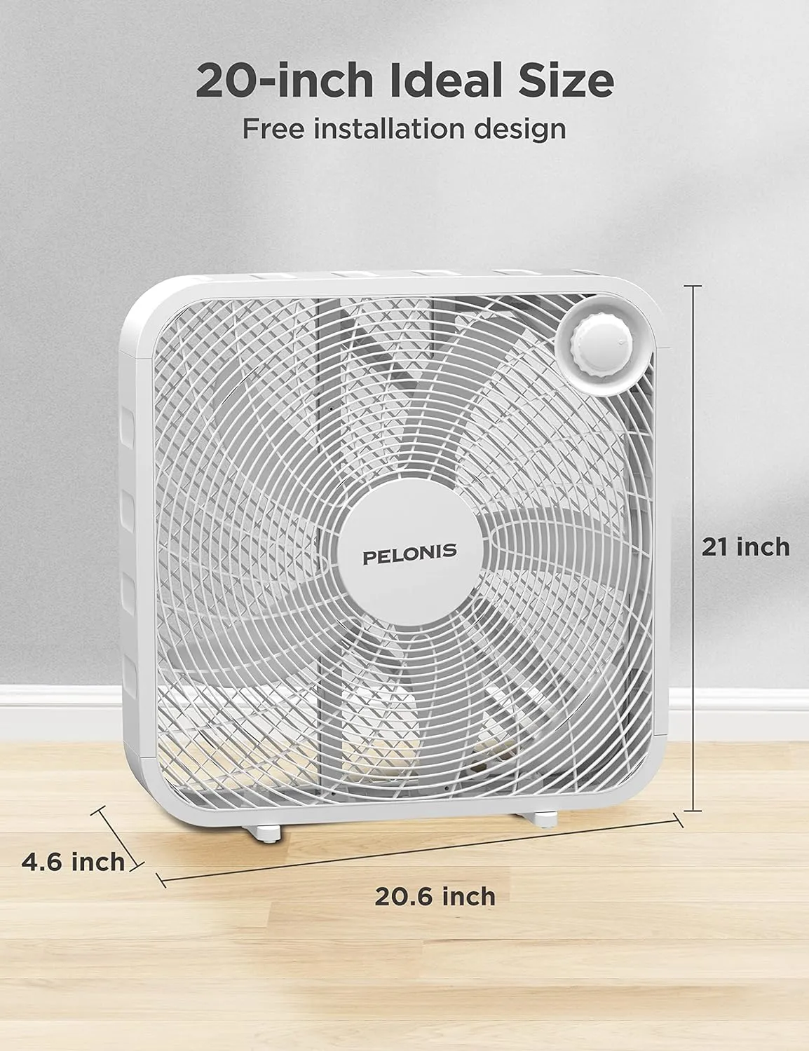 Pelonis Box Fan 20 Inch – Adjustable 3 Speeds For the Perfect Noise Level for Sleeping – 5 Blade Technology Provides Powerful Airflow to Beat the Heat – Sleek Design, Lightweight, Durable, White