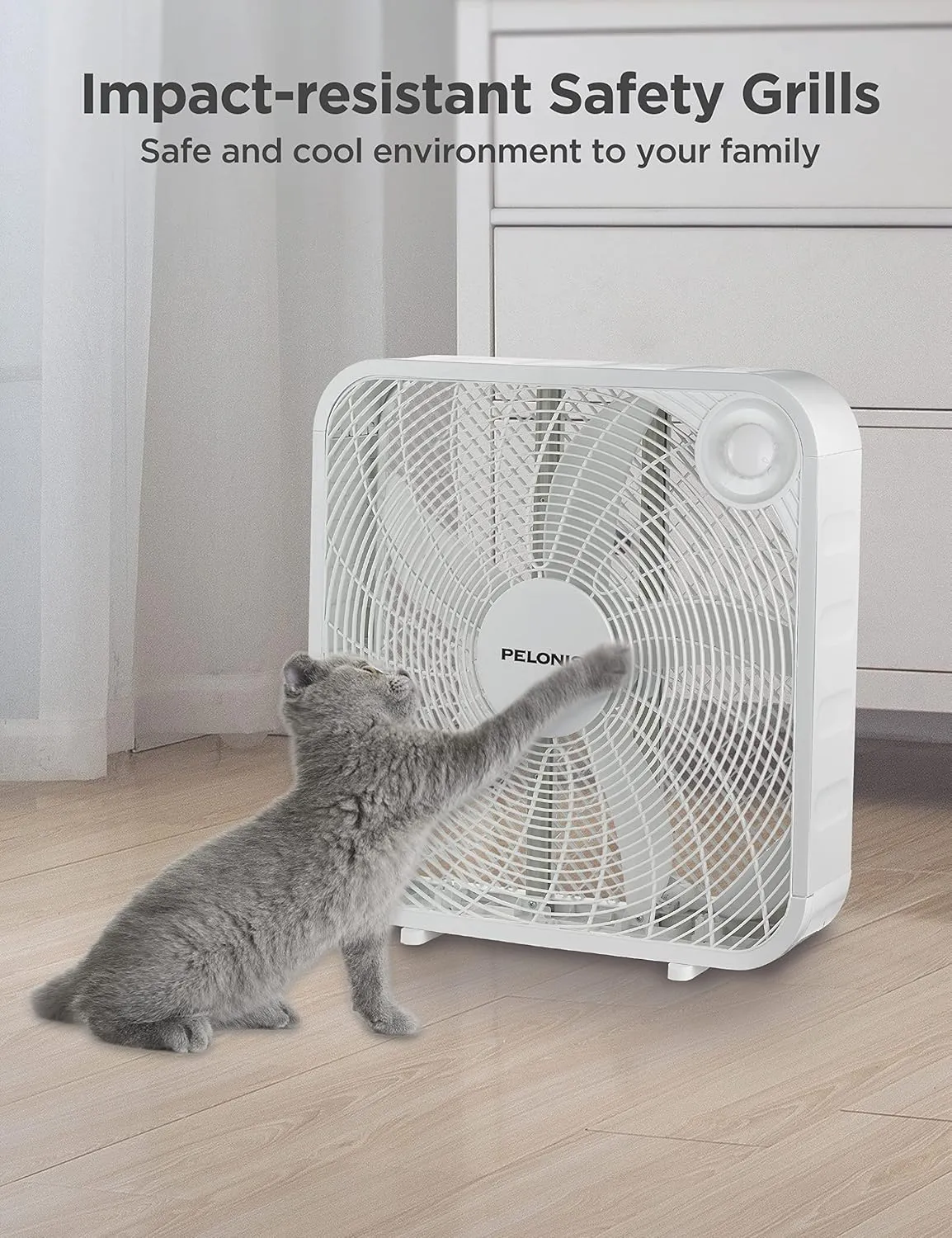 Pelonis Box Fan 20 Inch – Adjustable 3 Speeds For the Perfect Noise Level for Sleeping – 5 Blade Technology Provides Powerful Airflow to Beat the Heat – Sleek Design, Lightweight, Durable, White