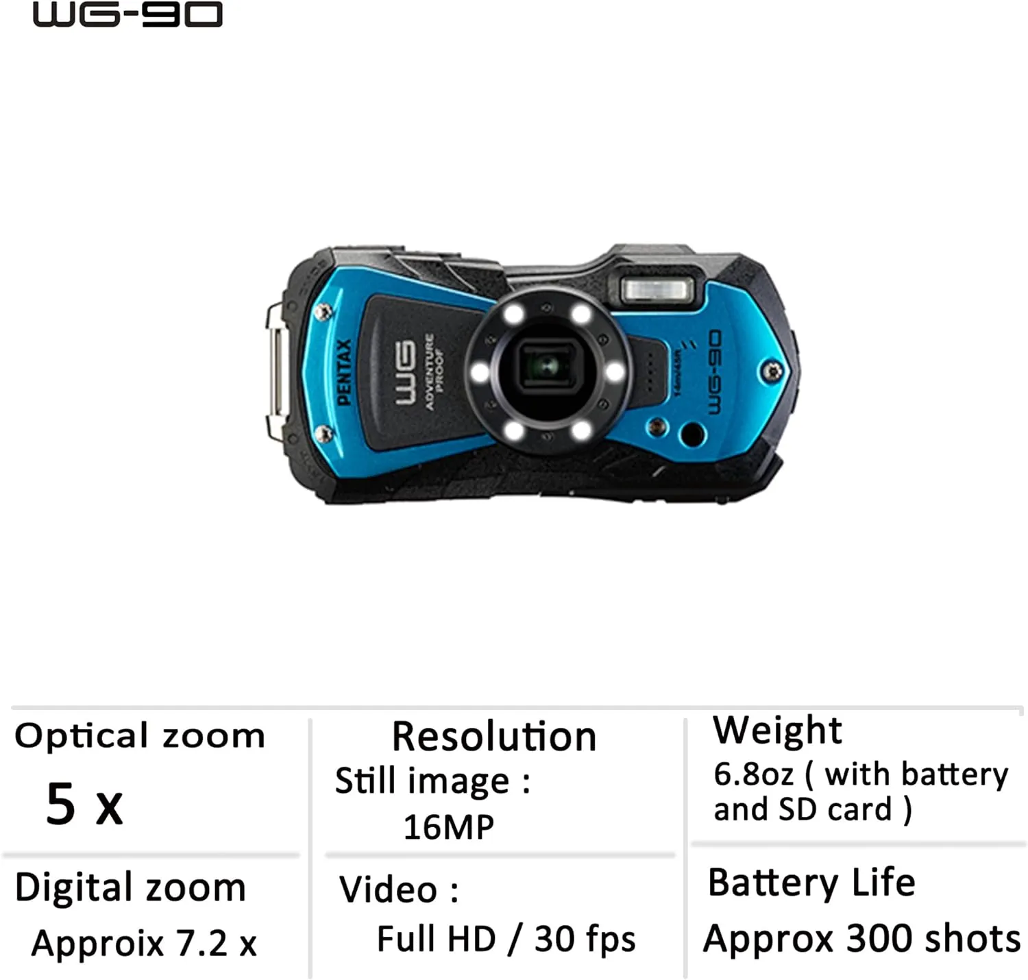 PENTAX WG-90 Blue Waterproof Camera, Shockproof, Dustproof, Freezeproof, Built-in 6-LED Ring Light for Macro Photography, Underwater Shooting Mode