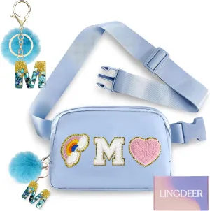 Personalized Belt Bag with Keychain, Fanny Pack for Girls Women, Initial Birthday Gifts for Teen Girls Mom, Crossbody Bag, Small Waist Packs, Travel Essential Preppy Gifts (Blue M)