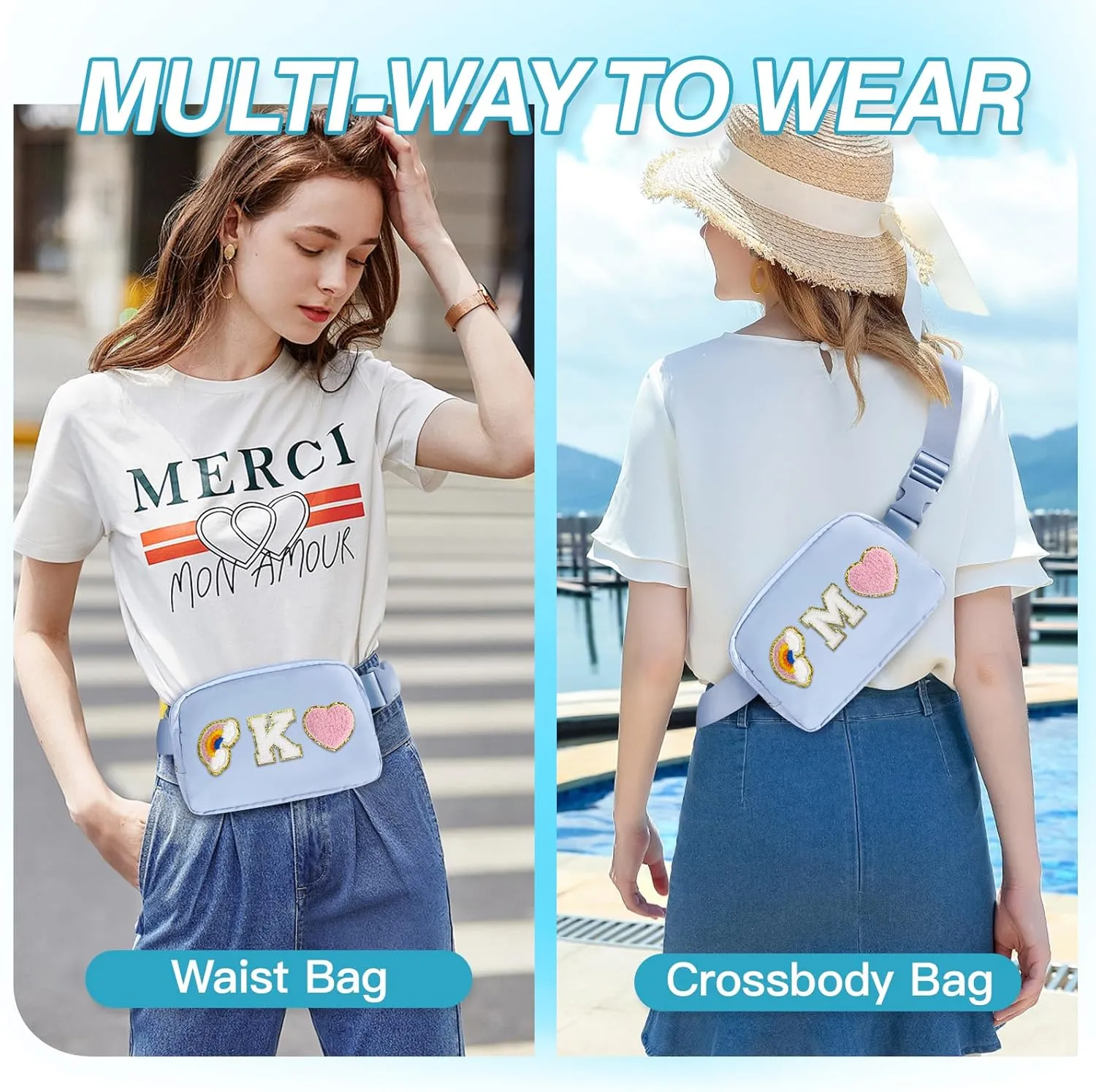 Personalized Belt Bag with Keychain, Fanny Pack for Girls Women, Initial Birthday Gifts for Teen Girls Mom, Crossbody Bag, Small Waist Packs, Travel Essential Preppy Gifts (Blue M)
