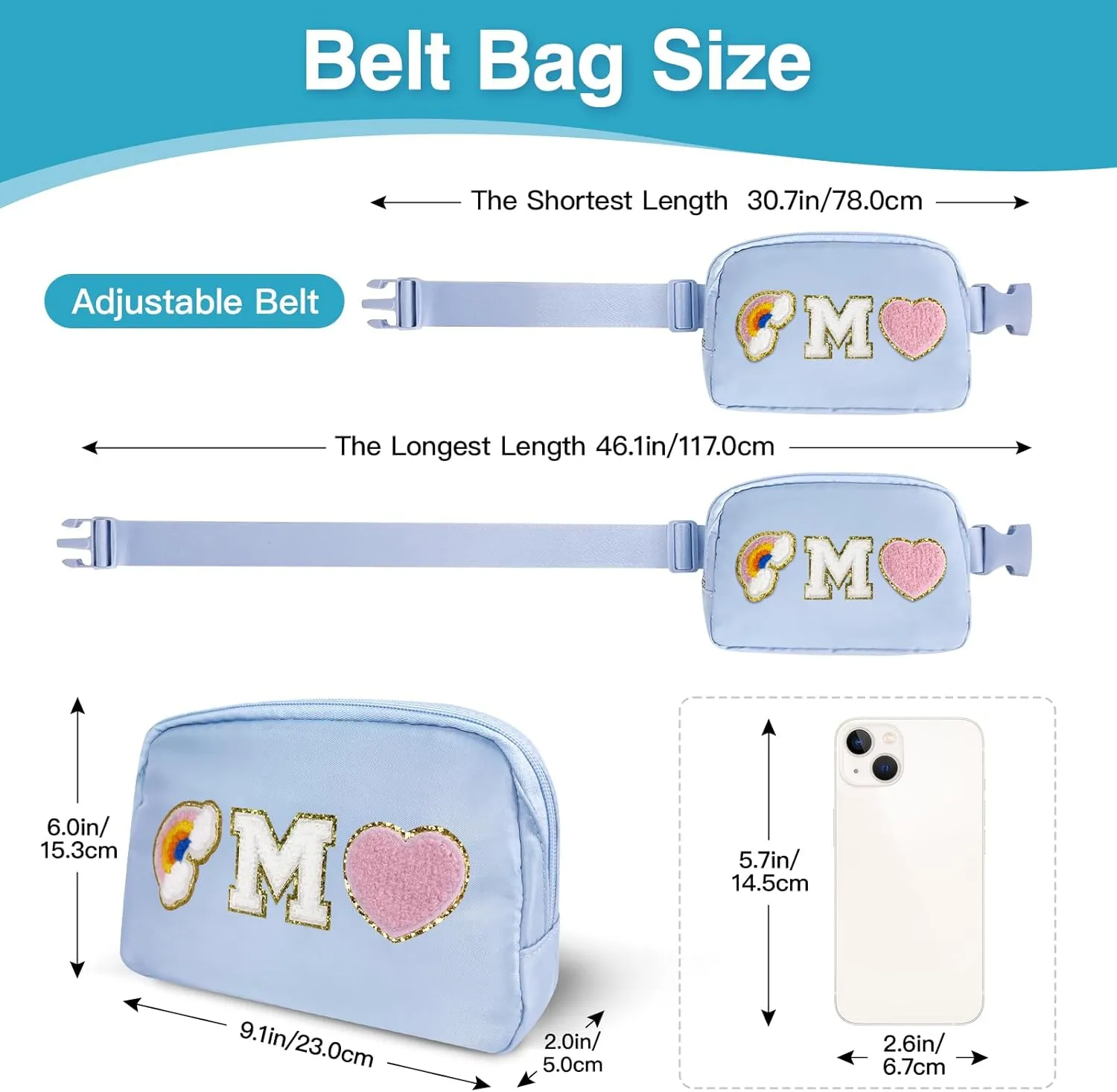 Personalized Belt Bag with Keychain, Fanny Pack for Girls Women, Initial Birthday Gifts for Teen Girls Mom, Crossbody Bag, Small Waist Packs, Travel Essential Preppy Gifts (Blue M)