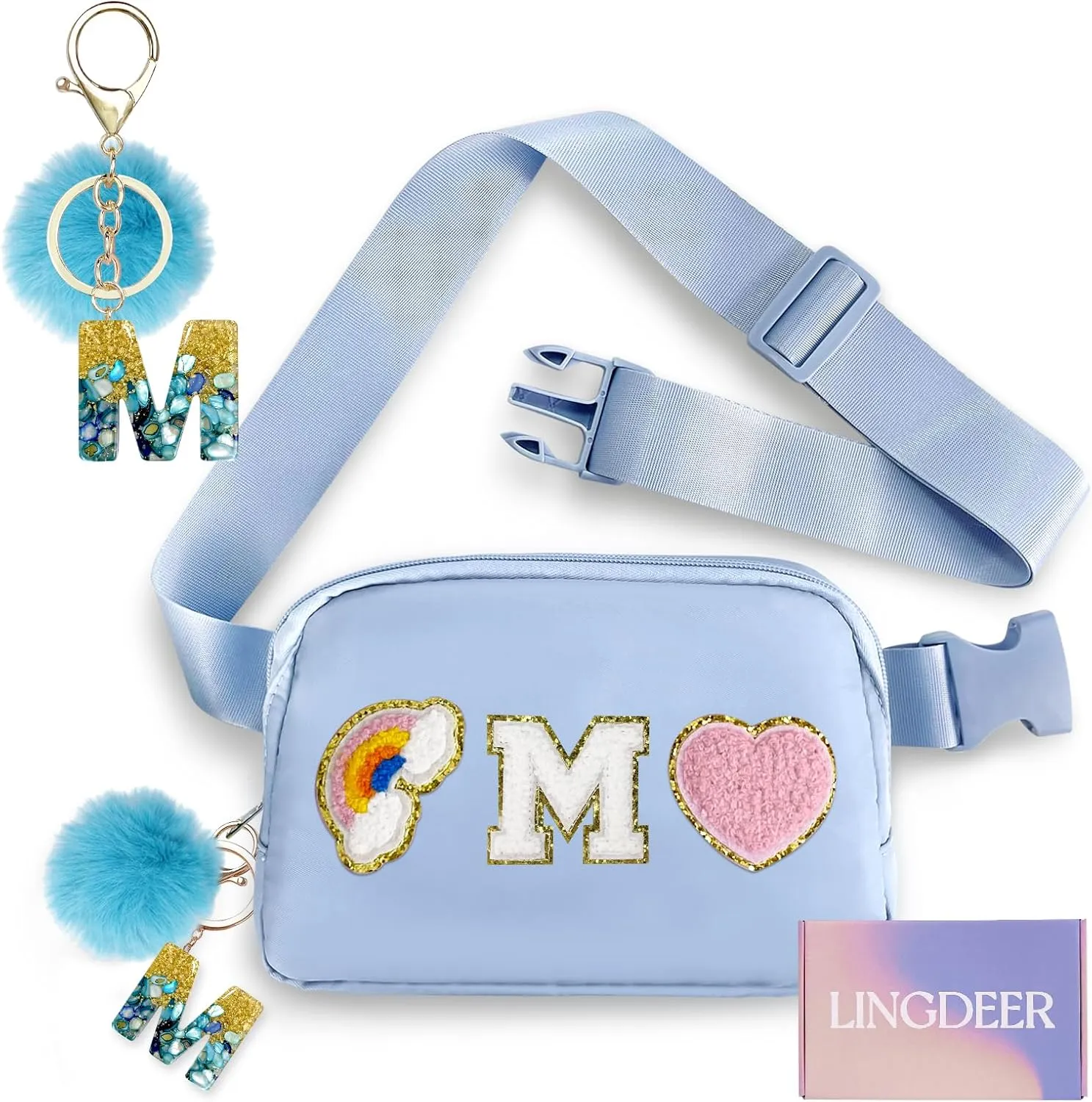 Personalized Belt Bag with Keychain, Fanny Pack for Girls Women, Initial Birthday Gifts for Teen Girls Mom, Crossbody Bag, Small Waist Packs, Travel Essential Preppy Gifts (Blue M)
