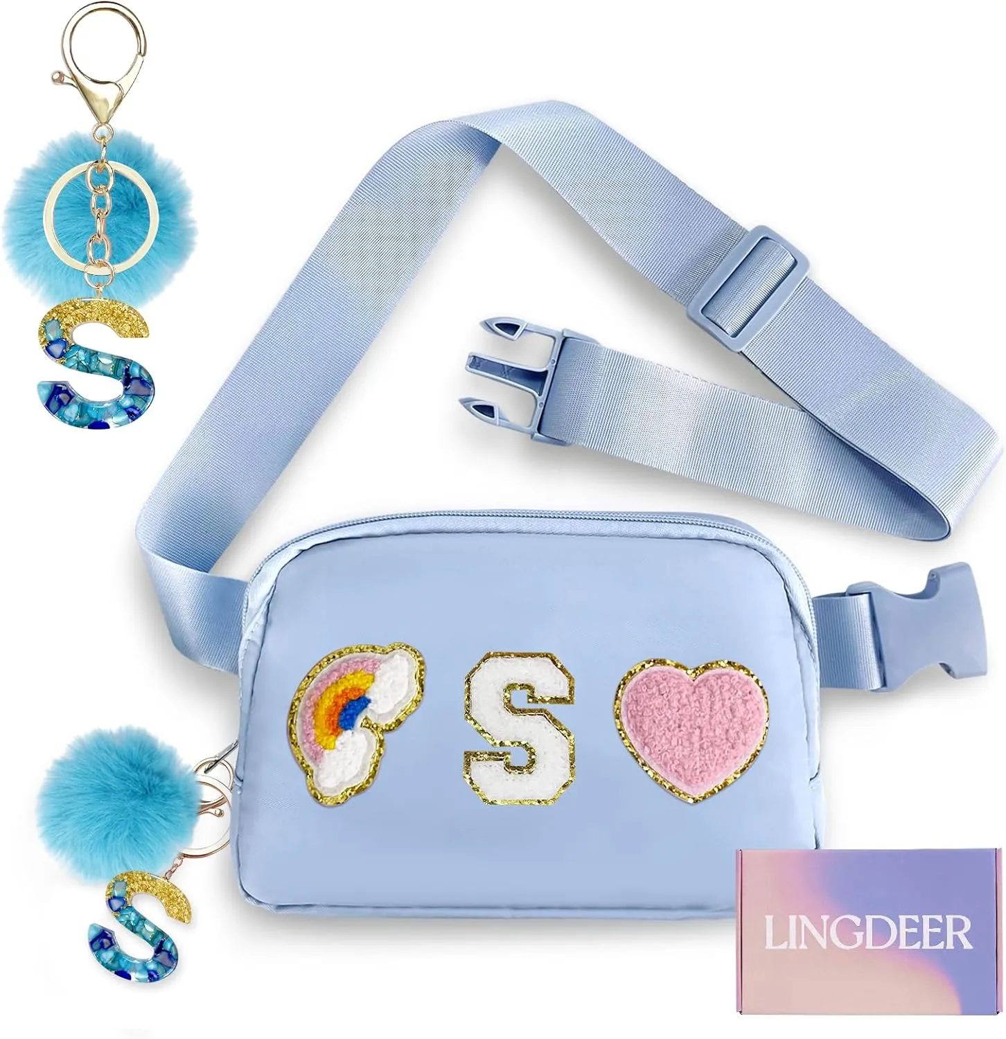 Personalized Belt Bag with Keychain, Fanny Pack for Girls Women, Initial Birthday Gifts for Teen Girls Mom, Crossbody Bag, Small Waist Packs, Travel Essential Preppy Gifts (Blue S)