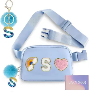 Personalized Belt Bag with Keychain, Fanny Pack for Girls Women, Initial Birthday Gifts for Teen Girls Mom, Crossbody Bag, Small Waist Packs, Travel Essential Preppy Gifts (Blue S)