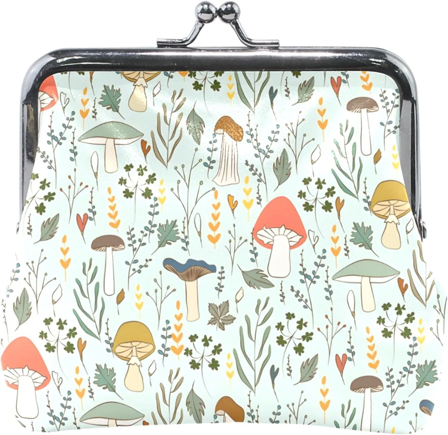 Personalized Cute Coin Purse Pouch Leather Woodland Mushrooms Mint Kiss Lock Buckle Change Purse for Coins