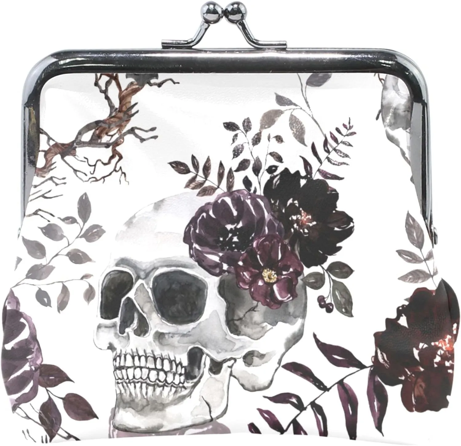 Personalized Leather Coin Purse Women Cute Dark Skull Floral White Kiss Lock Change Holder Card Pouch