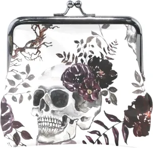 Personalized Leather Coin Purse Women Cute Dark Skull Floral White Kiss Lock Change Holder Card Pouch