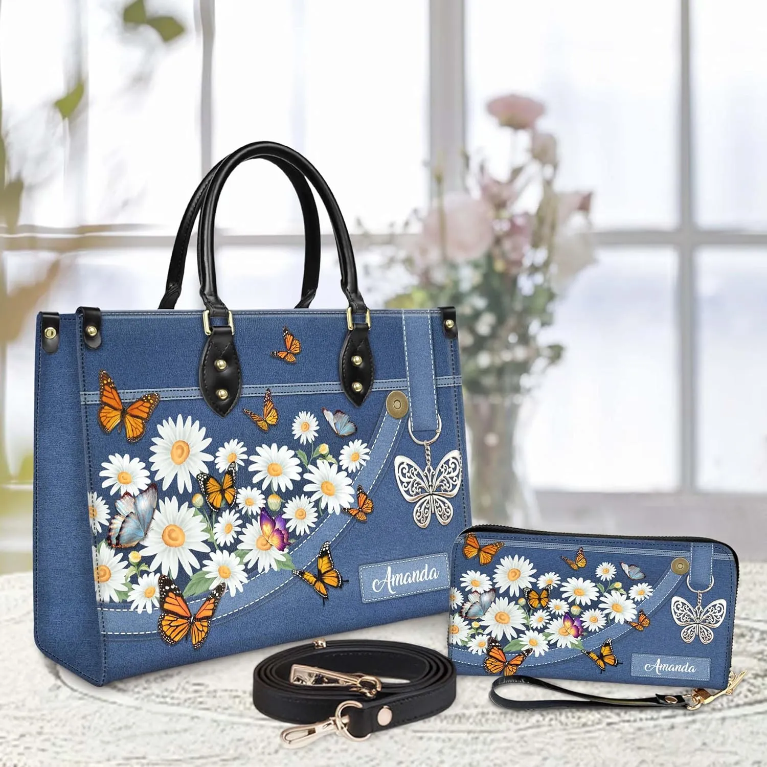 Personalized Leather Handbag for Women – Matching Purse and Wallet Set – Custom Name Church Bags, Mother's Day Gift