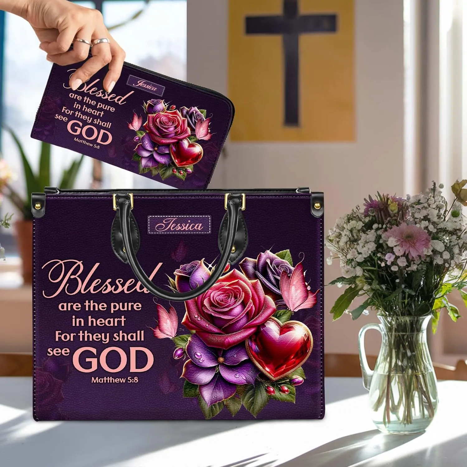 Personalized Leather Handbag for Women – Matching Purse and Wallet Set – Custom Name Church Bags, Mother's Day Gift