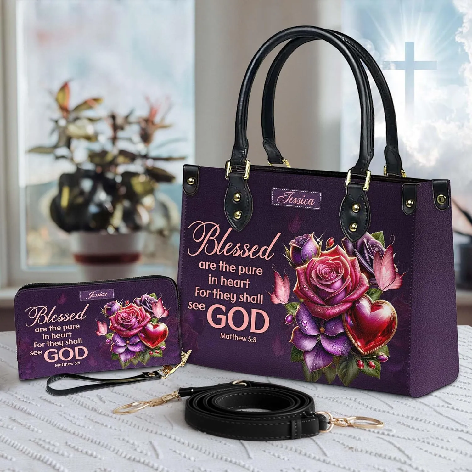 Personalized Leather Handbag for Women – Matching Purse and Wallet Set – Custom Name Church Bags, Mother's Day Gift