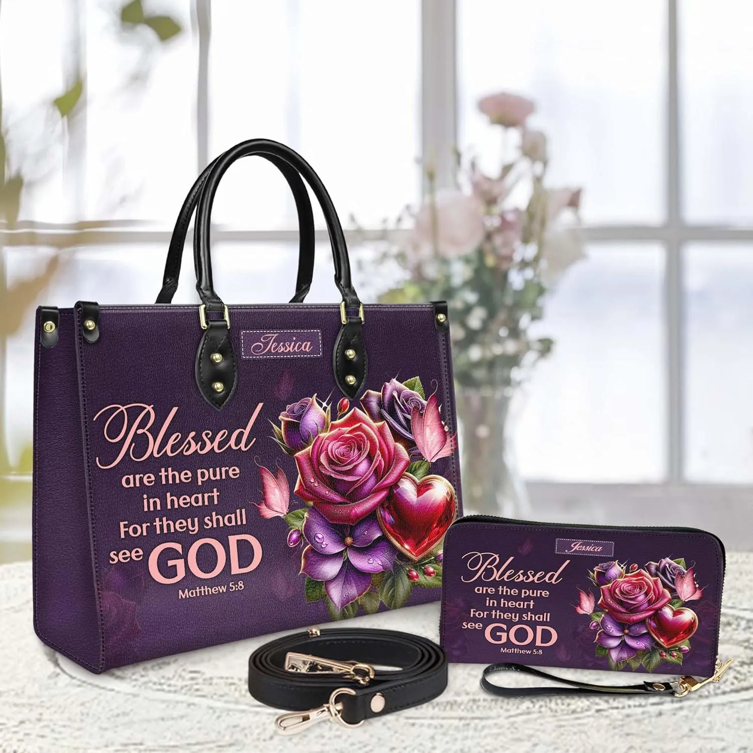 Personalized Leather Handbag for Women – Matching Purse and Wallet Set – Custom Name Church Bags, Mother's Day Gift
