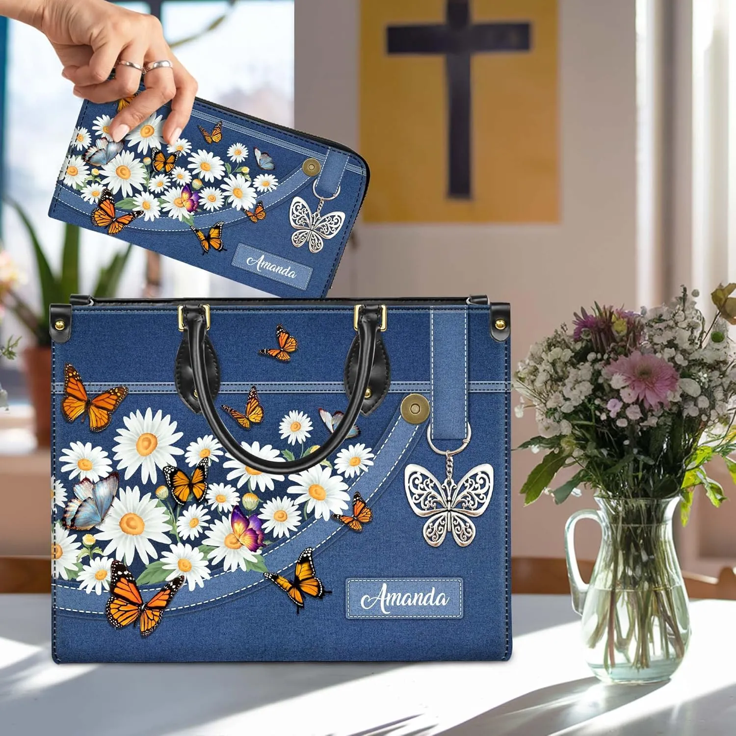 Personalized Leather Handbag for Women – Matching Purse and Wallet Set – Custom Name Church Bags, Mother's Day Gift
