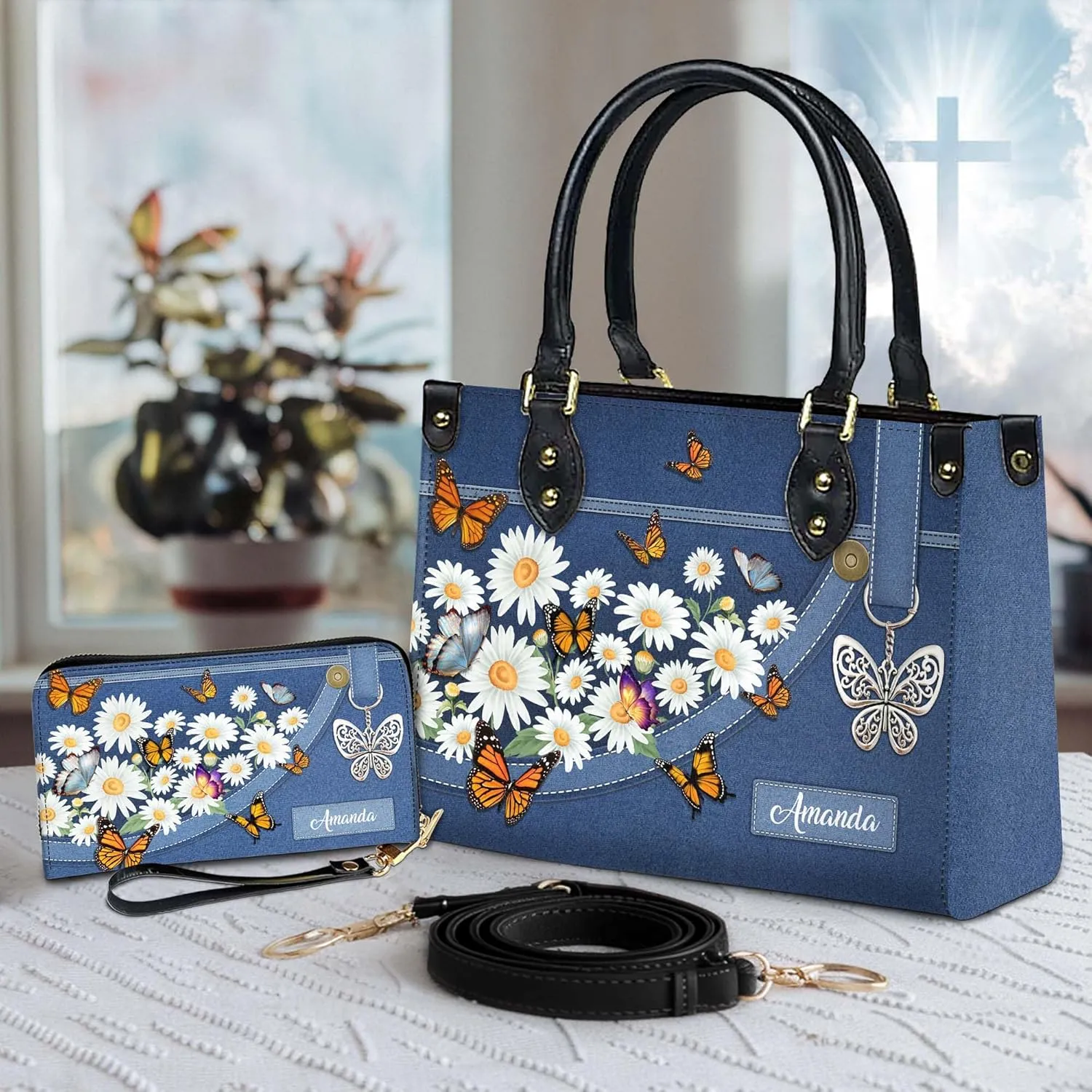 Personalized Leather Handbag for Women – Matching Purse and Wallet Set – Custom Name Church Bags, Mother's Day Gift