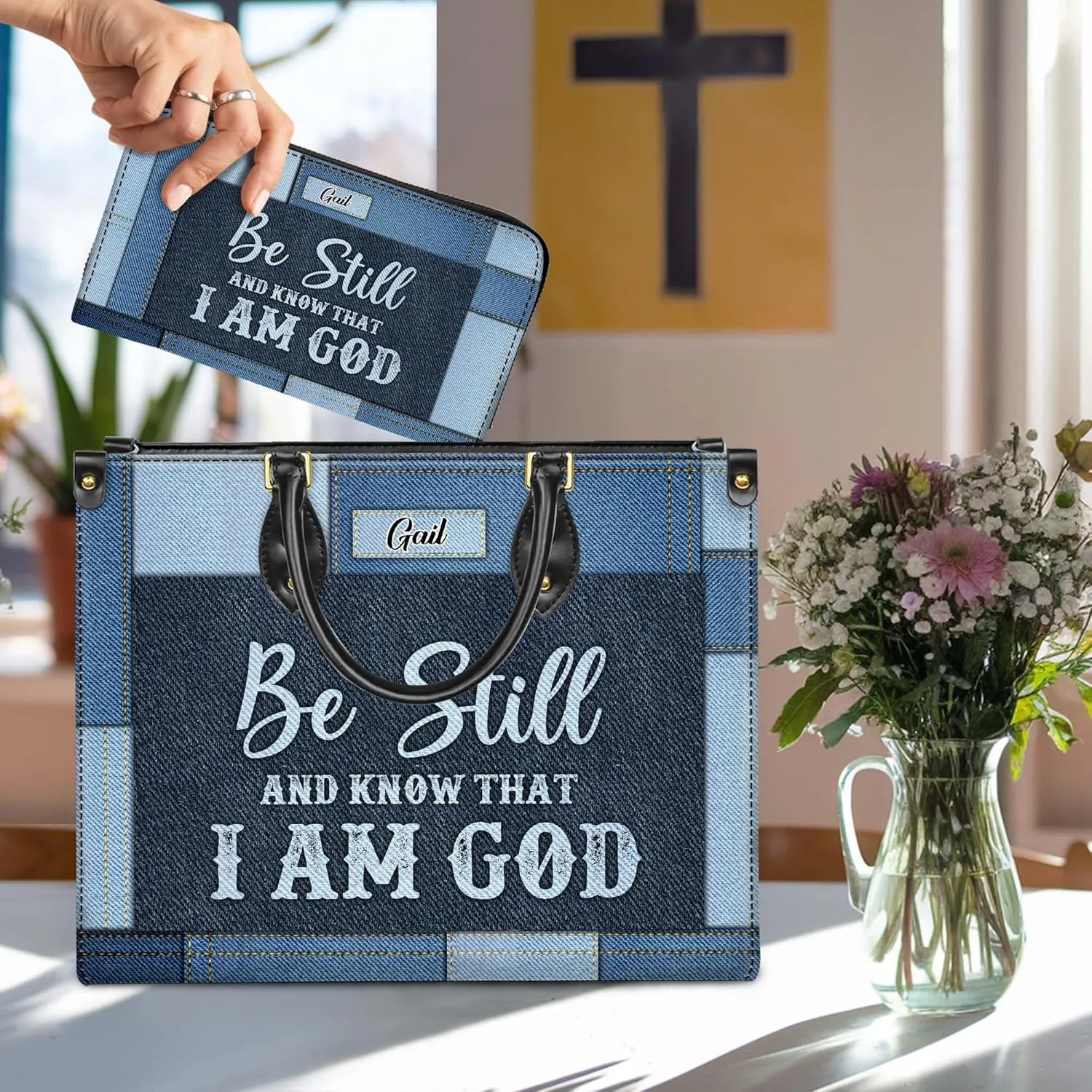 Personalized Leather Handbag for Women – Matching Purse and Wallet Set – Custom Name Church Bags, Mother's Day Gift