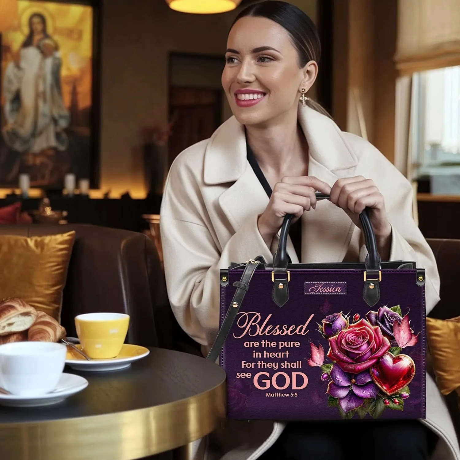 Personalized Leather Handbag for Women – Matching Purse and Wallet Set – Custom Name Church Bags, Mother's Day Gift