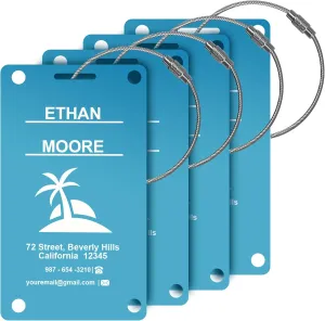 Personalized Luggage Tag for Suitcase 4 Pack - Engraved Metal Bag Tags with Name for Backpack, Baggage, Custom Business Tag with Name ID Label Travel Essentials, Custom Baggage Tags for Travel- Blue