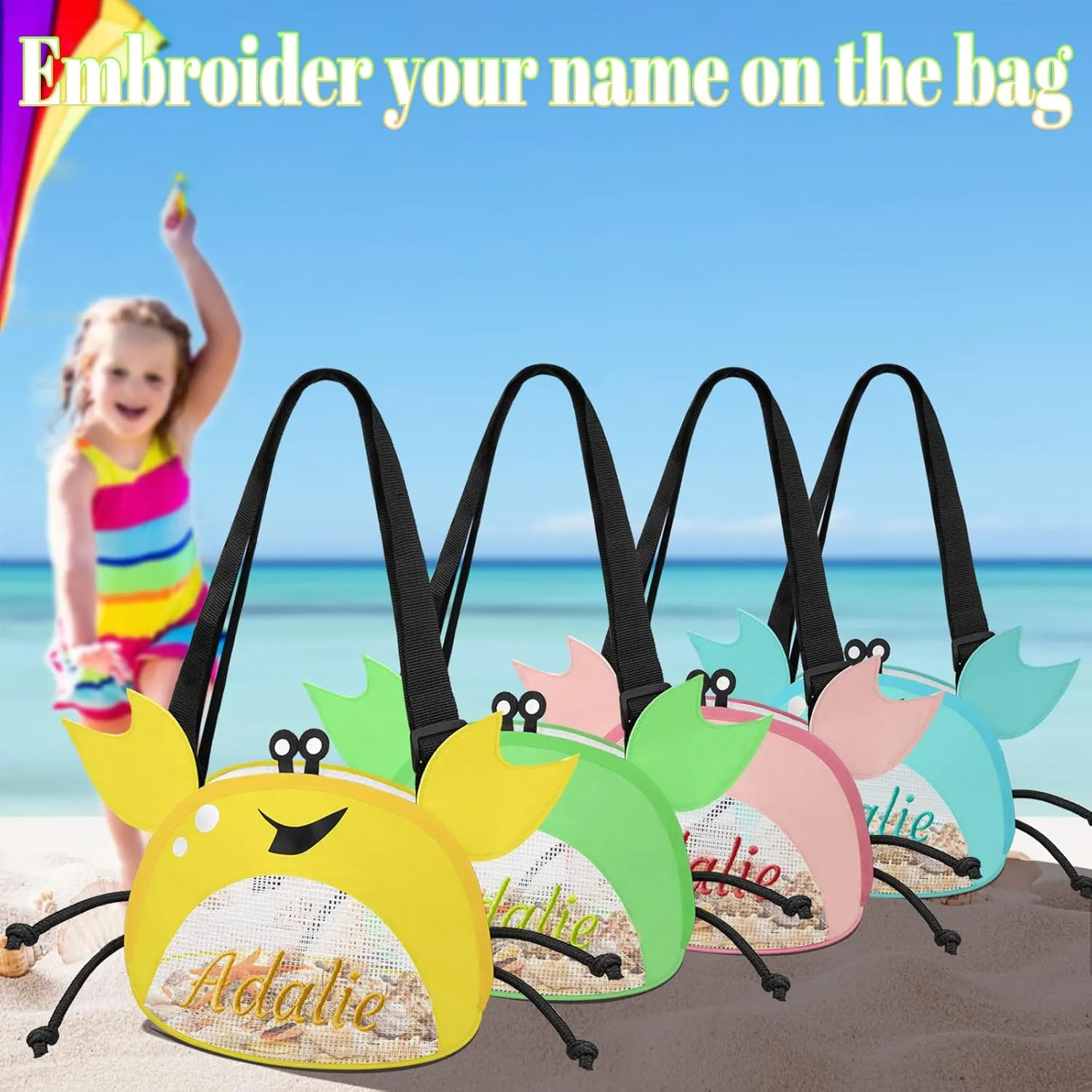 Personalized Mesh Beach Bag Kids 1-6 Pack Crab Shaped Custom Name Mesh Sand Seashell Collecting Bags for Boys Girls