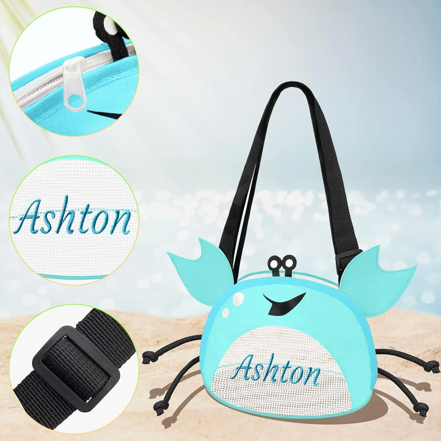 Personalized Mesh Beach Bag Kids 1-6 Pack Crab Shaped Custom Name Mesh Sand Seashell Collecting Bags for Boys Girls