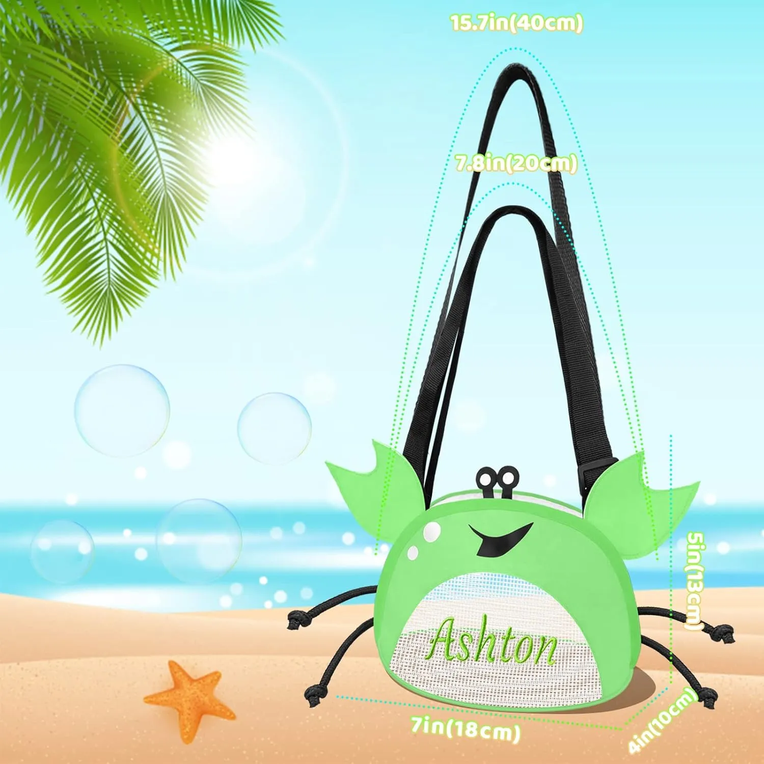 Personalized Mesh Beach Bag Kids 1-6 Pack Crab Shaped Custom Name Mesh Sand Seashell Collecting Bags for Boys Girls