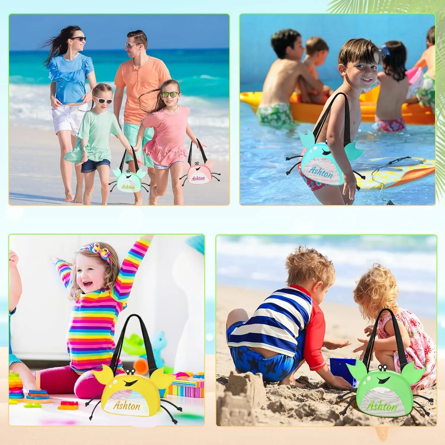 Personalized Mesh Beach Bag Kids 1-6 Pack Crab Shaped Custom Name Mesh Sand Seashell Collecting Bags for Boys Girls