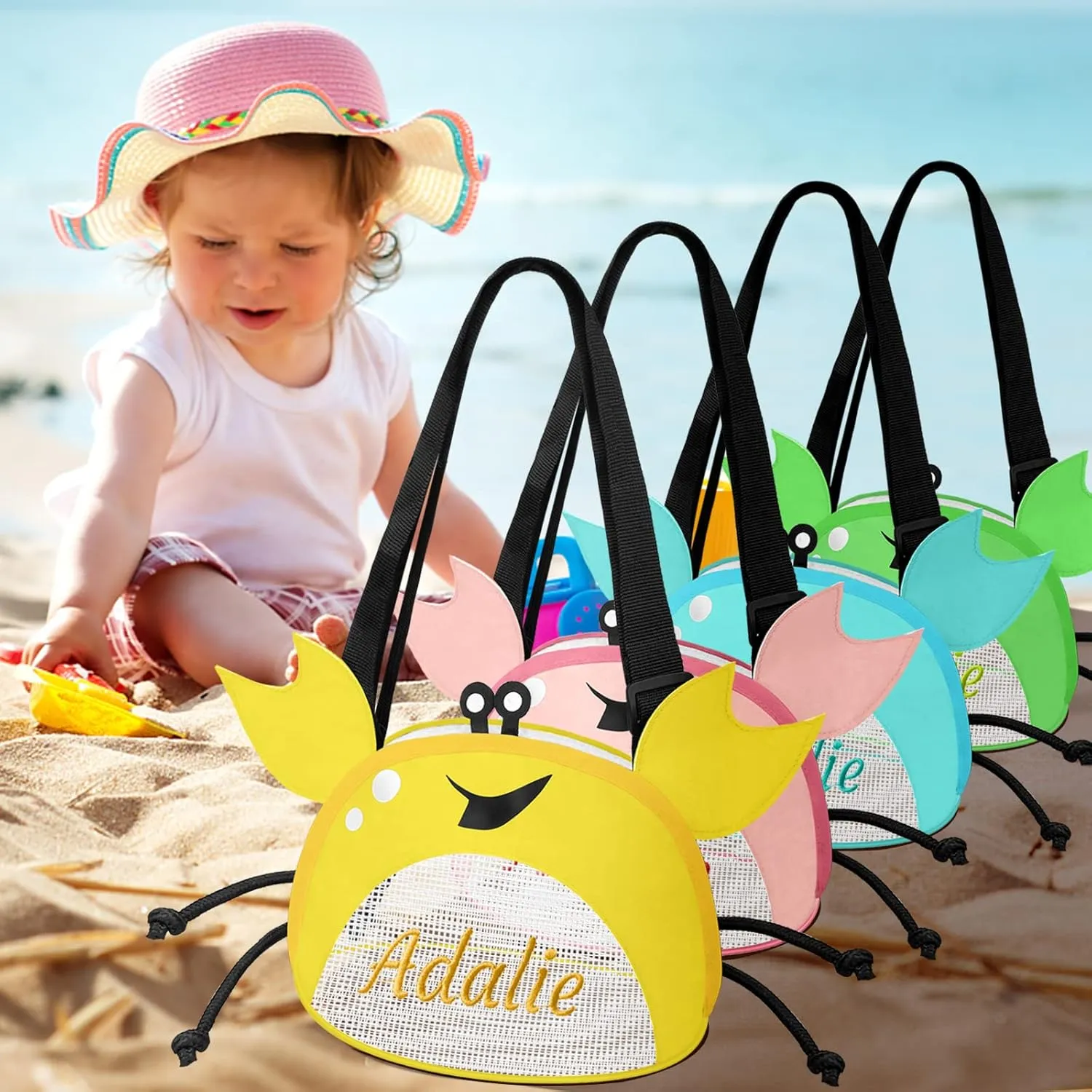 Personalized Mesh Beach Bag Kids 1-6 Pack Crab Shaped Custom Name Mesh Sand Seashell Collecting Bags for Boys Girls