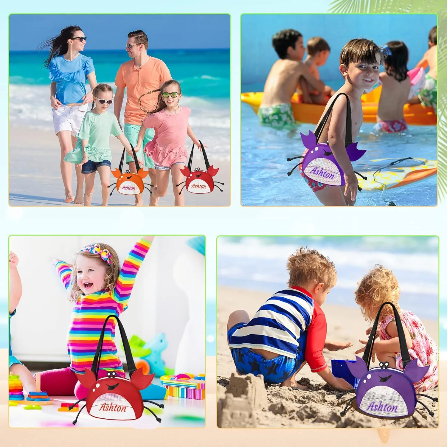 Personalized Mesh Beach Bag Kids Crab Shaped Seashell Collecting Bags 5 Pack Custom Name Mesh Beach Shell Bags with Zipper for Boys and Girls