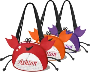 Personalized Mesh Beach Bag Kids Crab Shaped Seashell Collecting Bags 5 Pack Custom Name Mesh Beach Shell Bags with Zipper for Boys and Girls