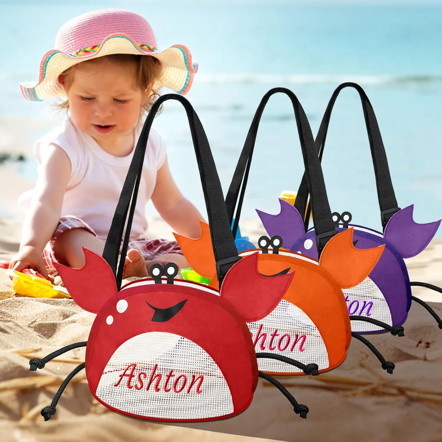 Personalized Mesh Beach Bag Kids Crab Shaped Seashell Collecting Bags 5 Pack Custom Name Mesh Beach Shell Bags with Zipper for Boys and Girls