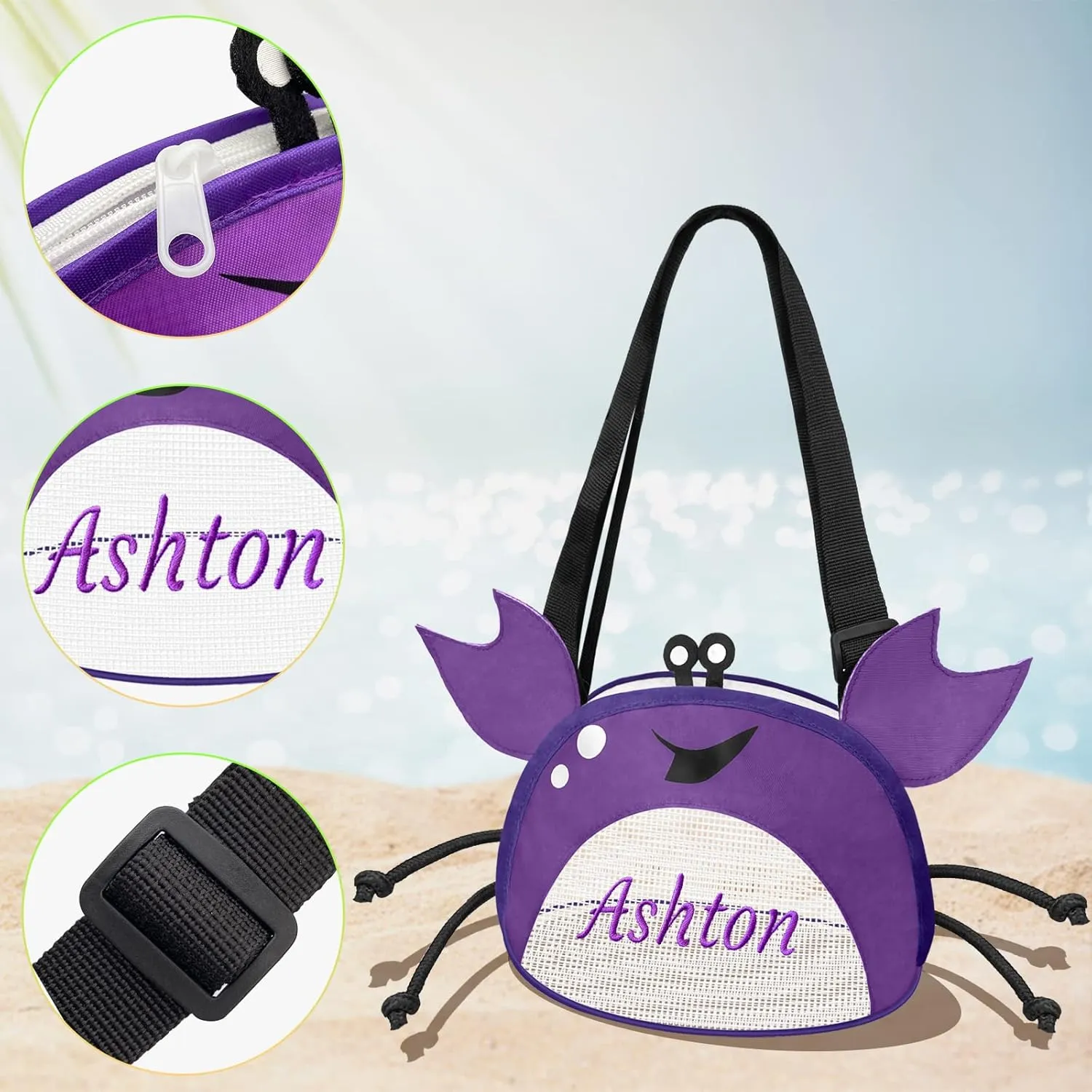 Personalized Mesh Beach Bag Kids Crab Shaped Seashell Collecting Bags 5 Pack Custom Name Mesh Beach Shell Bags with Zipper for Boys and Girls