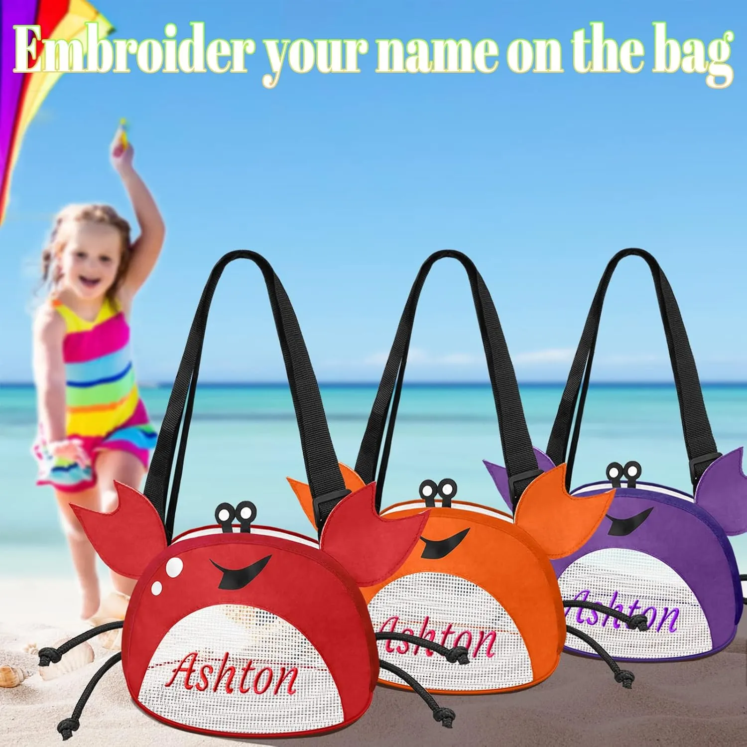 Personalized Mesh Beach Bag Kids Crab Shaped Seashell Collecting Bags 5 Pack Custom Name Mesh Beach Shell Bags with Zipper for Boys and Girls