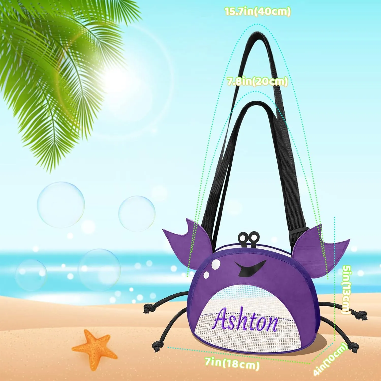Personalized Mesh Beach Bag Kids Crab Shaped Seashell Collecting Bags 5 Pack Custom Name Mesh Beach Shell Bags with Zipper for Boys and Girls